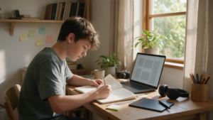 A student sketching interface screens in a notebook beside a laptop showing wireframes